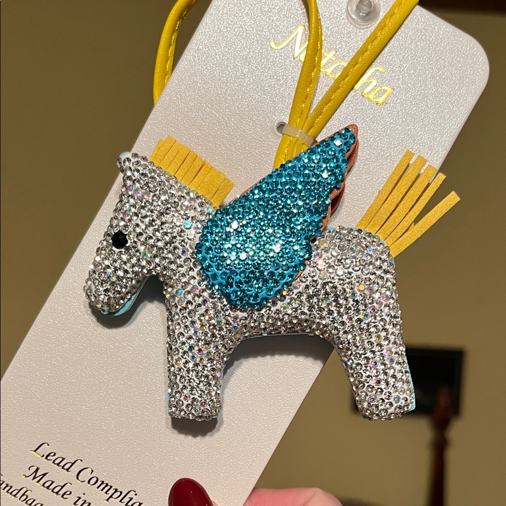 New Natasha Sparkling Unicorn Bag Charm Key Chain Blue yellow Brown and Bling